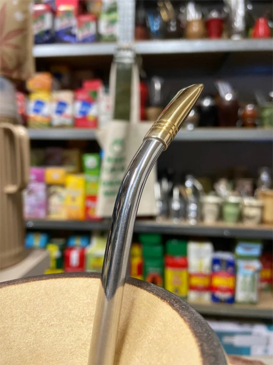 Bombilla (bomba) Oro "Simple" Bortonaggio 1000 Furos INOX ze szczoteczką 21 cm - zbliżenie na ustnik