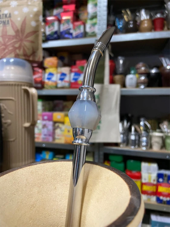 Bombilla (bomba)"Grande Piedra" Ecru Bortonaggio 1000 Furos INOX ze szczoteczką 25 cm - zbliżenie na ustnik