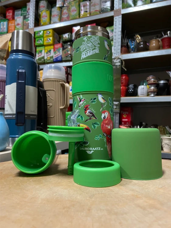 Yerbomos 3 w 1 Pajarito 750 ml "Terere" Verde (zielony) z wzorami - widok na wszystkie elementy
