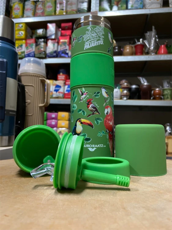 Yerbomos 3 w 1 Pajarito 750 ml "Terere" Verde (zielony) z wzorami - zbliżenie na wszystkie elementy