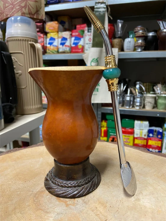 Bombilla (bomba) Oro "Piedra" Bortonaggio 1000 Furos INOX ze szczoteczką 23 cm - kolor zielony (widok z boku)