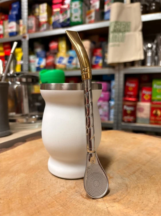 Bombilla Bortonaggio Cuchara Pequena "Oro" 1000 (Mil) Furos 19 cm