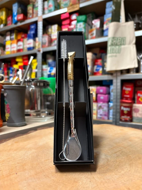 Bombilla Bortonaggio Cuchara Pequena "Oro" 1000 (Mil) Furos 19 cm - w pudełku w zestawie ze szczoteczką