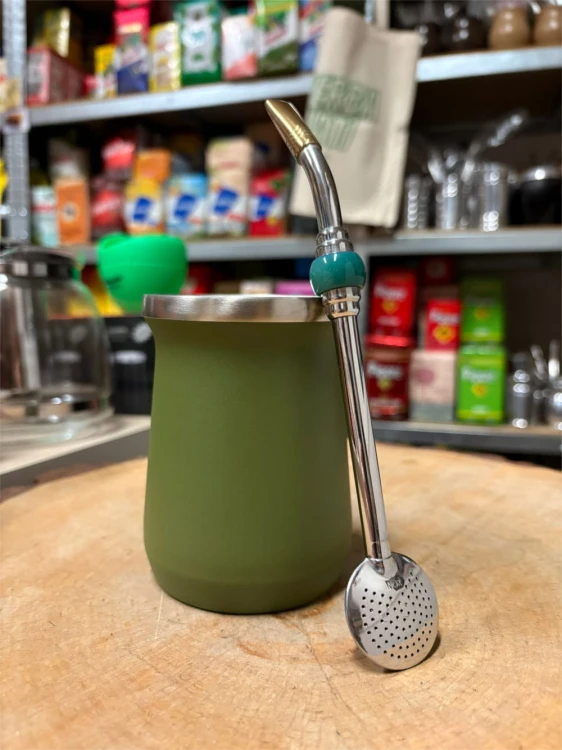 Bombilla Bortonaggio Oro "Grande Anel con piedra" INOX 19 cm ze szczoteczką - zielony kamień