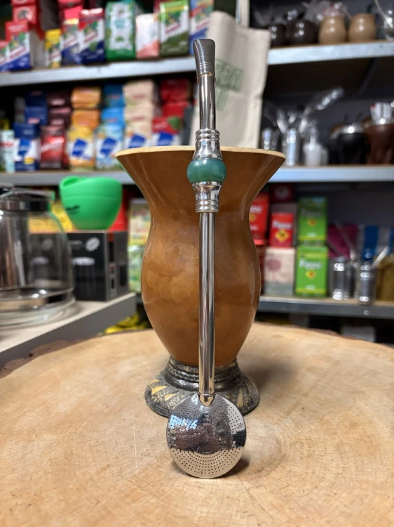 Bombilla (bomba) "Piedra" Bortonaggio 1000 (Mil) Furos INOX ze szczoteczką 23 cm - kolor zielony - widok na wprost