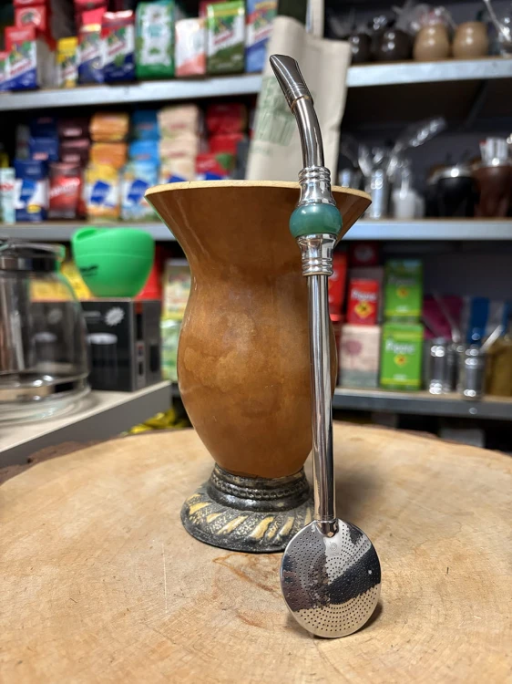 Bombilla (bomba) "Piedra" Bortonaggio 1000 (Mil) Furos INOX ze szczoteczką 23 cm - kolor zielony