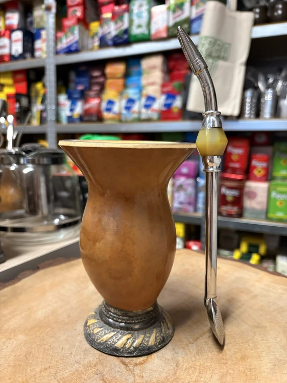 Bombilla (bomba) "Grande Piedra" Bortonaggio 1000 Furos INOX ze szczoteczką 25 cm - kolor żółty - widok z boku