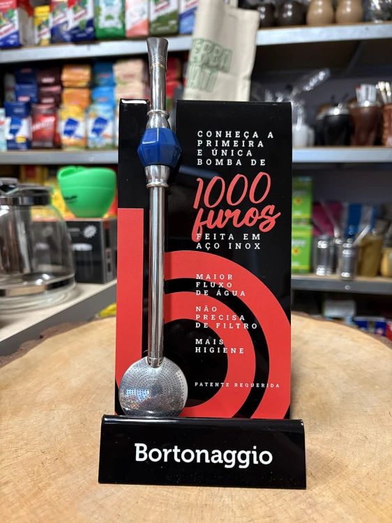 Bombilla (bomba) "Grande Piedra" Bortonaggio 1000 Furos INOX ze szczoteczką 25 cm - kolor granatowy - widok na wprost