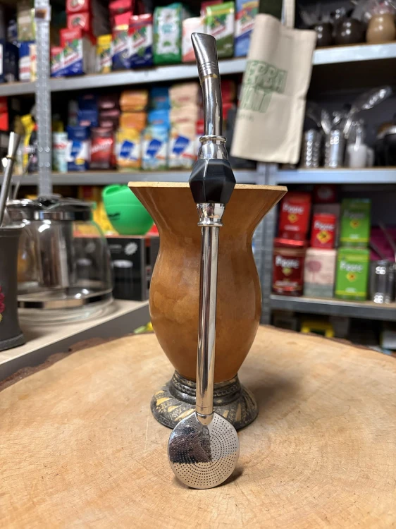 Bombilla (bomba) "Grande Piedra" Bortonaggio 1000 (Mil) Furos INOX ze szczoteczką 25 cm - czarny mix - widok na wprost