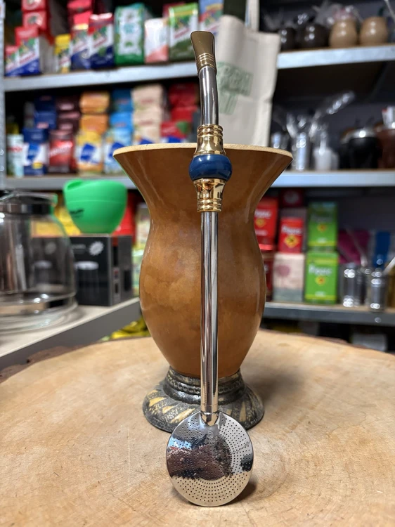 Bombilla (bomba) Oro "Piedra" Bortonaggio 1000 (Mil) Furos INOX ze szczoteczką 23 cm - kolor niebieski mix - widok na wprost