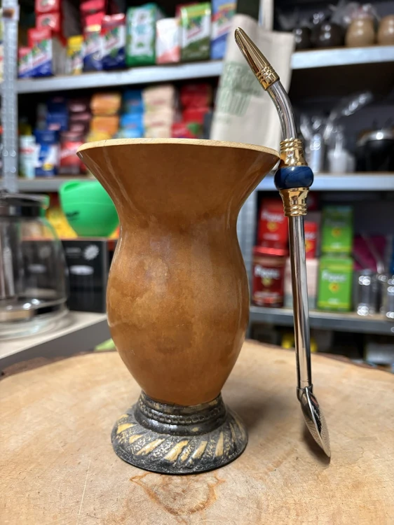Bombilla (bomba) Oro "Piedra" Bortonaggio 1000 (Mil) Furos INOX ze szczoteczką 23 cm - kolor niebieski mix - widok z boku