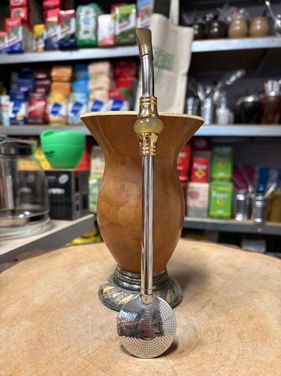 Bombilla (bomba) Oro "Piedra" Bortonaggio 1000 (Mil) Furos INOX ze szczoteczką 23 cm - kolor żółty - widok na wprost