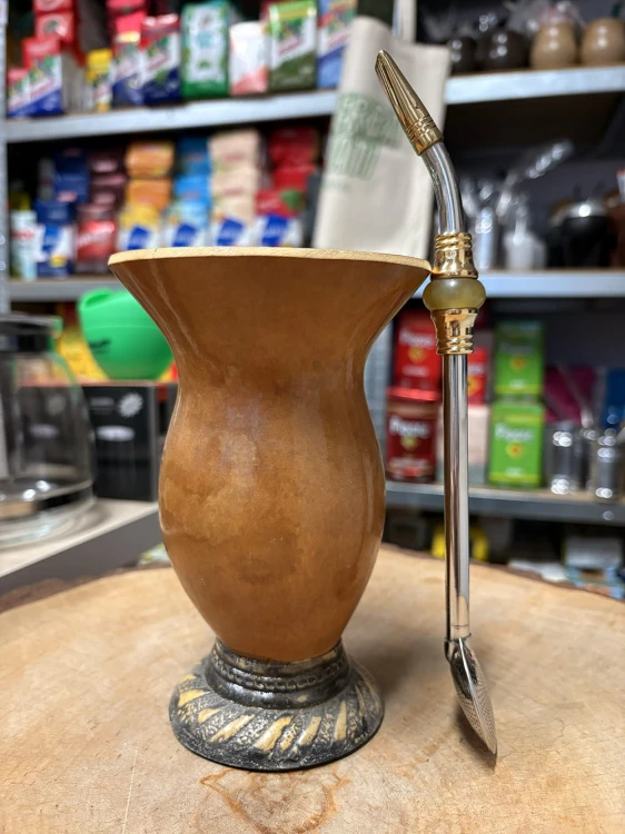 Bombilla (bomba) Oro "Piedra" Bortonaggio 1000 (Mil) Furos INOX ze szczoteczką 23 cm - kolor żółty - widok z boku