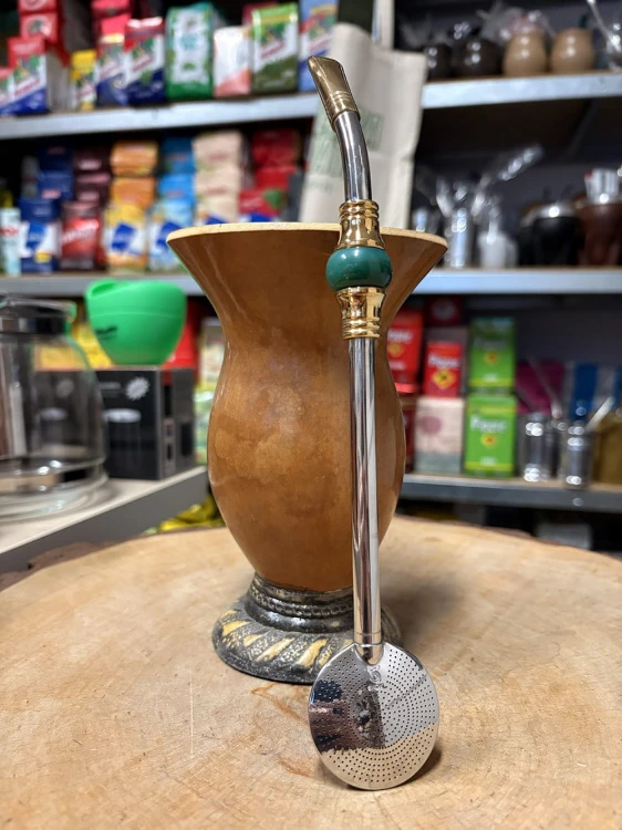 Bombilla (bomba) Oro "Piedra" Bortonaggio 1000 (Mil) Furos INOX ze szczoteczką 23 cm - kolor zielony mix