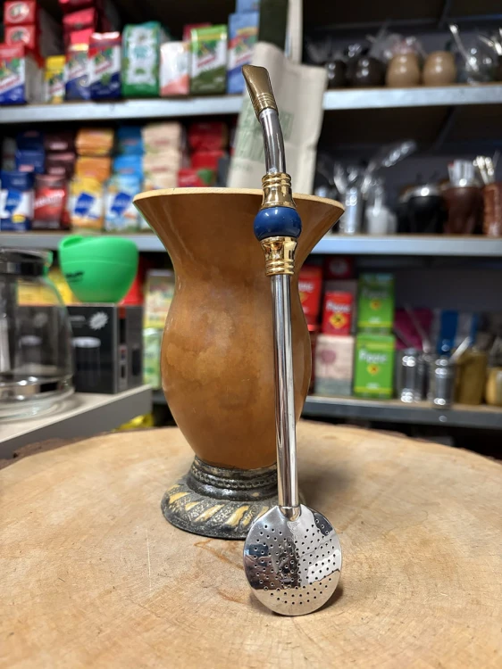 Bombilla (bomba) Oro Piedra Bortonaggio INOX 23 cm - kolor niebieski