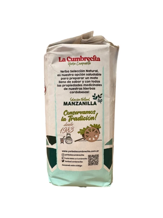 Yerba mate La Cumbrecita con Manzanilla (z rumiankiem) 500g - widok na bok opakowania