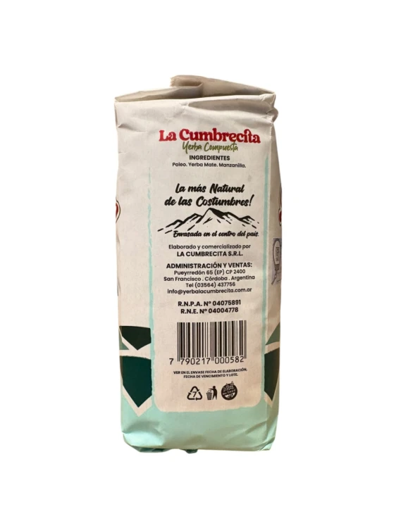 Yerba mate La Cumbrecita con Manzanilla (z rumiankiem) 500g - widok na drugi bok opakowania