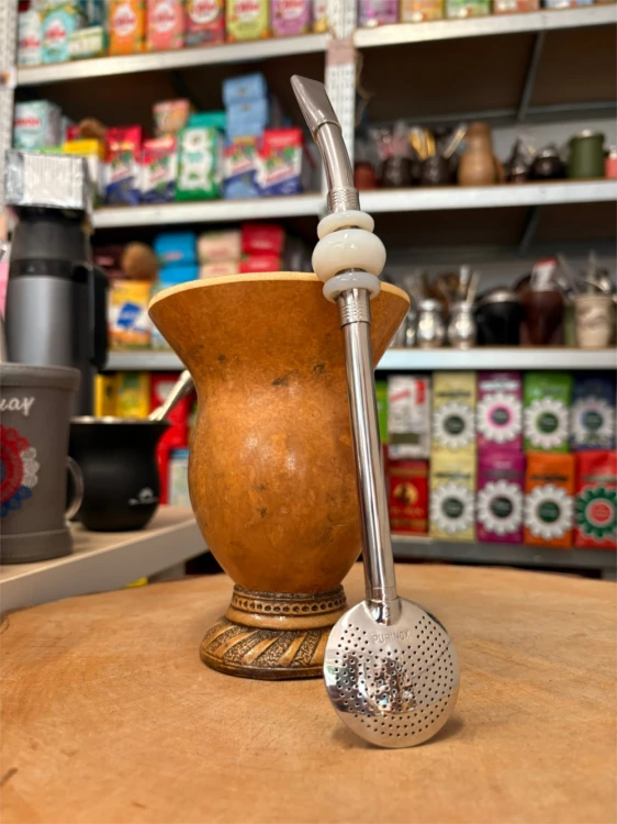 Bombilla (bomba) "Triplo Piedra" Purinox ze szczoteczką 25 cm - kolor kremowy 2 wersja