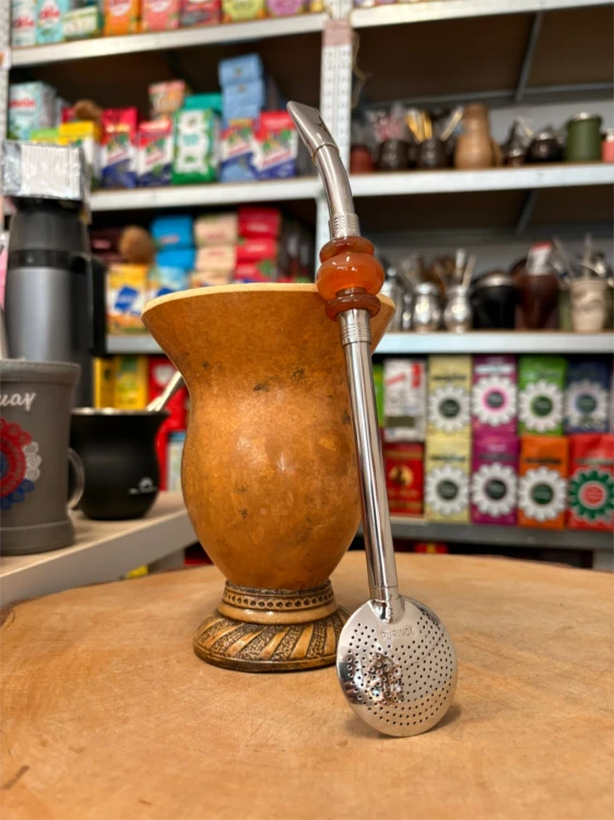Bombilla (bomba) "Triplo Piedra" Purinox ze szczoteczką 25 cm - kolor bursztynowy