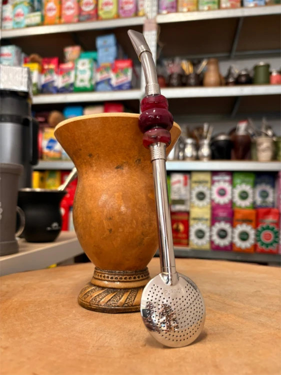Bombilla (bomba) "Triplo Piedra" Purinox ze szczoteczką 25 cm - kolor wiśniowy