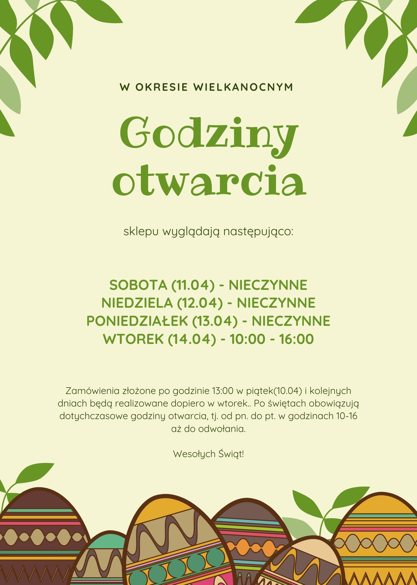 Godziny pracy sklepu w okresie Wielkanocnym