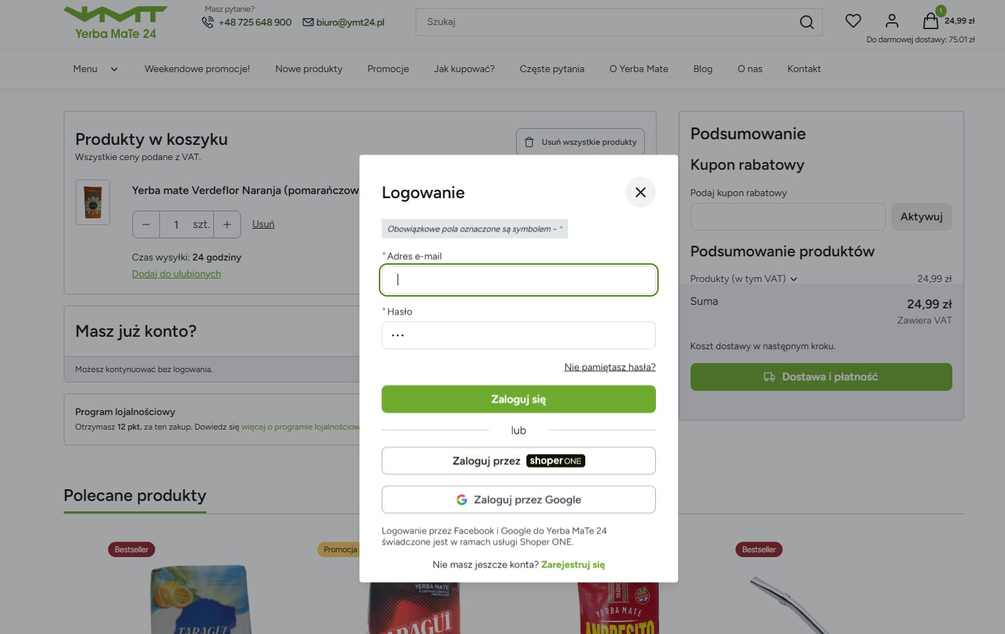 Wybór zamówienia jako zarejestrowany klient (logowanie) lub rejestracja